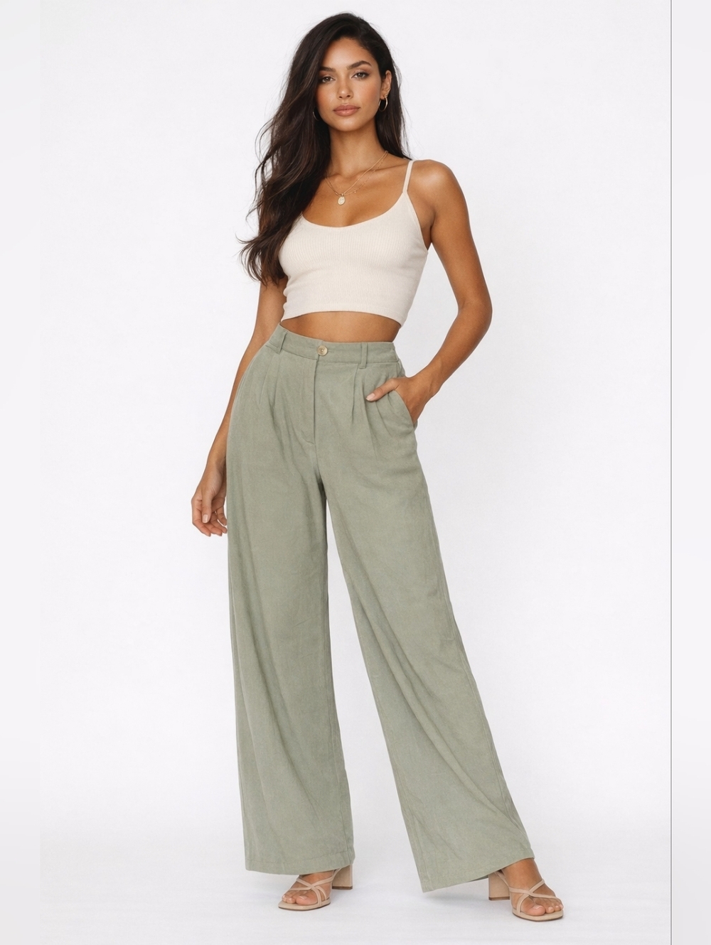Nasty Gal Sage Green Wide Leg Trousers